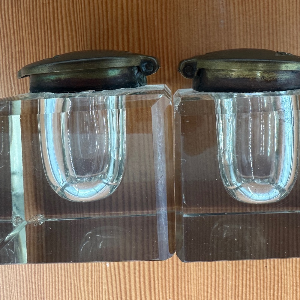 Antique Brass and Glass Inkwell Set - Picture 4 of 8